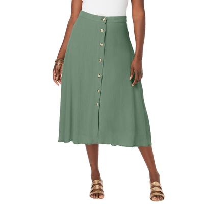 Plus Size Women's Button-Front Gauze Midi Skirt by Jessica London in Olive Drab (Size 24 W)