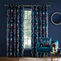 Catherine Lansfield Mya Tropical Floral 66x90 Inch Lined Eyelet Curtains Two Panels Navy Blue