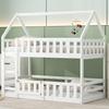 Twin Over Twin House Bunk Bed with Fence & Door, Wood Kids Bunk Beds with Roof, Floor Bunk Bed Loft Beds
