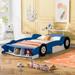 Full Size Kids Platform Bed with Car-Shaped & Wheels, Wood Full Bed Frames with Storage Rack,Race Car Bed with Slat Support,Blue