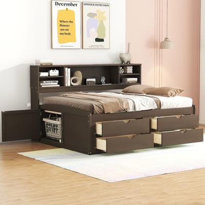 Full Size Wood Daybed with 2 Bedside Cabinets, Upper Shelves and 4 Drawers built-in Casters, Wood Slats Support