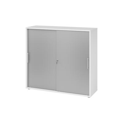 bümö Schiebetürenschrank 3OH - Aktenschrank abschließbar, Sideboard Schrank mit Schiebetüren in Weiß/Silber, Relinggriff - Büroschrank aus Holz mit Image