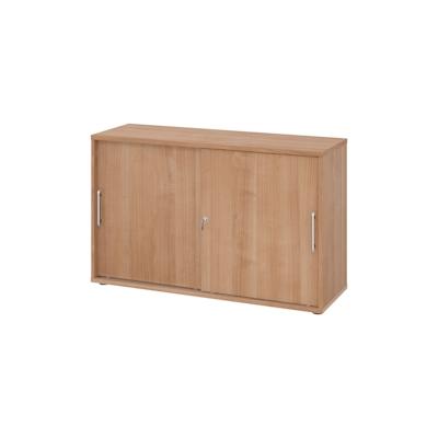 bümö Schiebetürenschrank 2OH - Aktenschrank abschließbar, Sideboard Schrank mit Schiebetüren in Nussbaum, Relinggriff - Büroschrank aus Holz mit Image