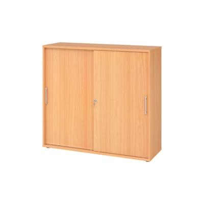 bümö Schiebetürenschrank 3OH - Aktenschrank abschließbar, Sideboard Schrank mit Schiebetüren in Buche, Relinggriff - Büroschrank aus Holz mit Image