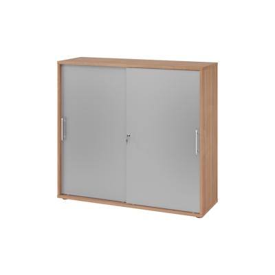bümö Schiebetürenschrank 3OH - Aktenschrank abschließbar, Sideboard Schrank mit Schiebetüren in Nussbaum/Silber, Relinggriff - Büroschrank aus Holz Image