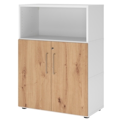 bümö flexi Aktenschrank abschließbar mit Flügeltüren & 1 Regalfach in Weiß/Asteiche, Büroschrank mit werkzeuglosem Schnellmontage-Klicksysten in Image