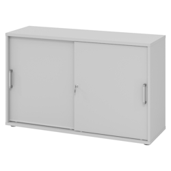 bümö Schiebetürenschrank 2OH - Aktenschrank abschließbar, Sideboard Schrank mit Schiebetüren in grau, Chromgriff - Büroschrank aus Holz mit Image