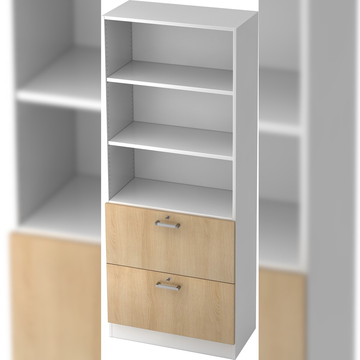 bümö office Aktenschrank mit Hängeregister-Schubladen abschließbar, Büroschrank Holz, 80cm breit in Weiß/Eiche - Hängeregistratur für Hängeordner, Image