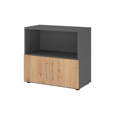 bümö flexi Aktenschrank klein mit Flügeltüren & 1 Regalfach in Graphit/Asteiche, Büroschrank mit werkzeuglosem Schnellmontage-Klicksysten in Image
