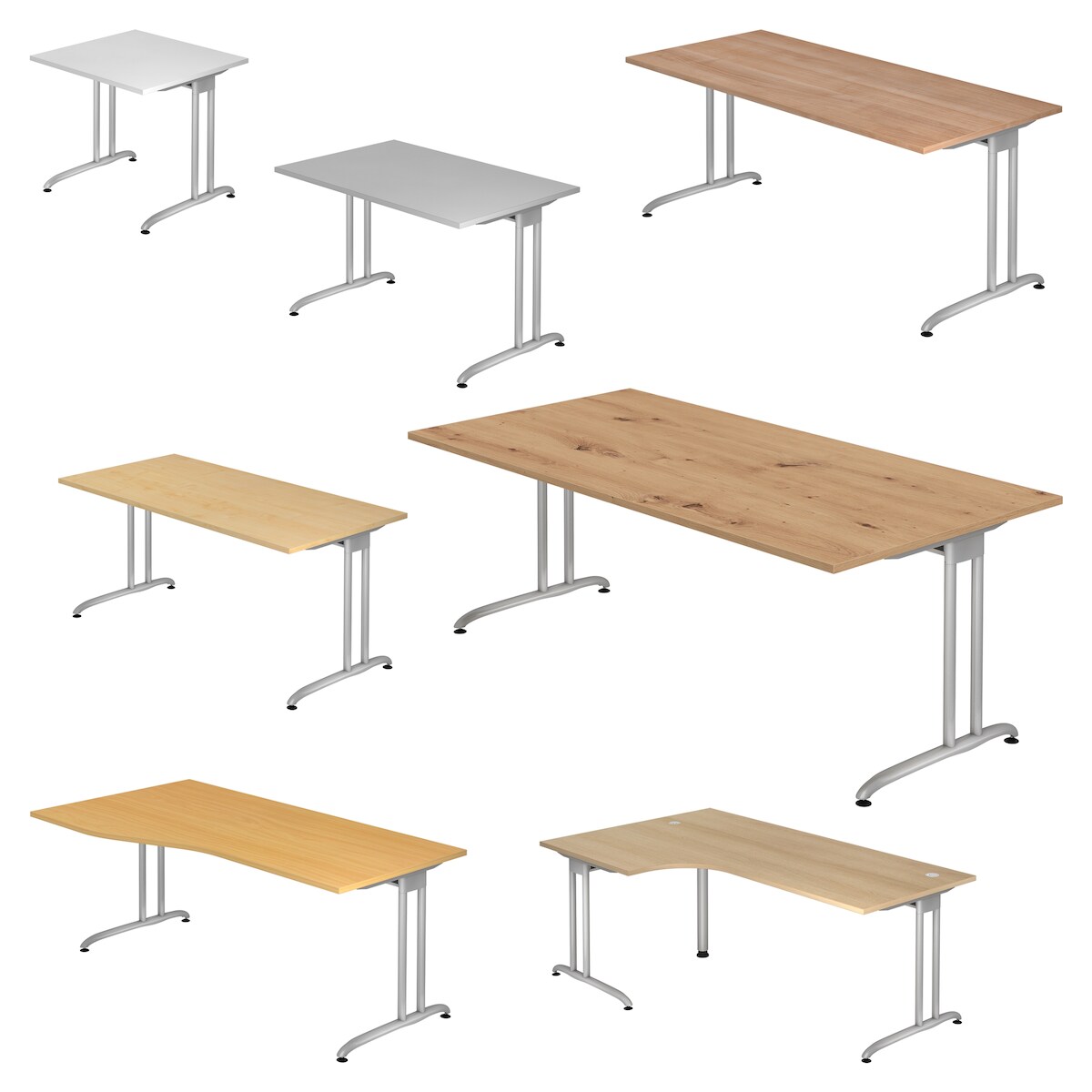 bümö Schreibtisch groß, B-Serie 180x80 cm, Tischplatte aus Holz in Asteiche, Gestell aus Metall in Silber - PC Tisch, großer Computertisch für's Image
