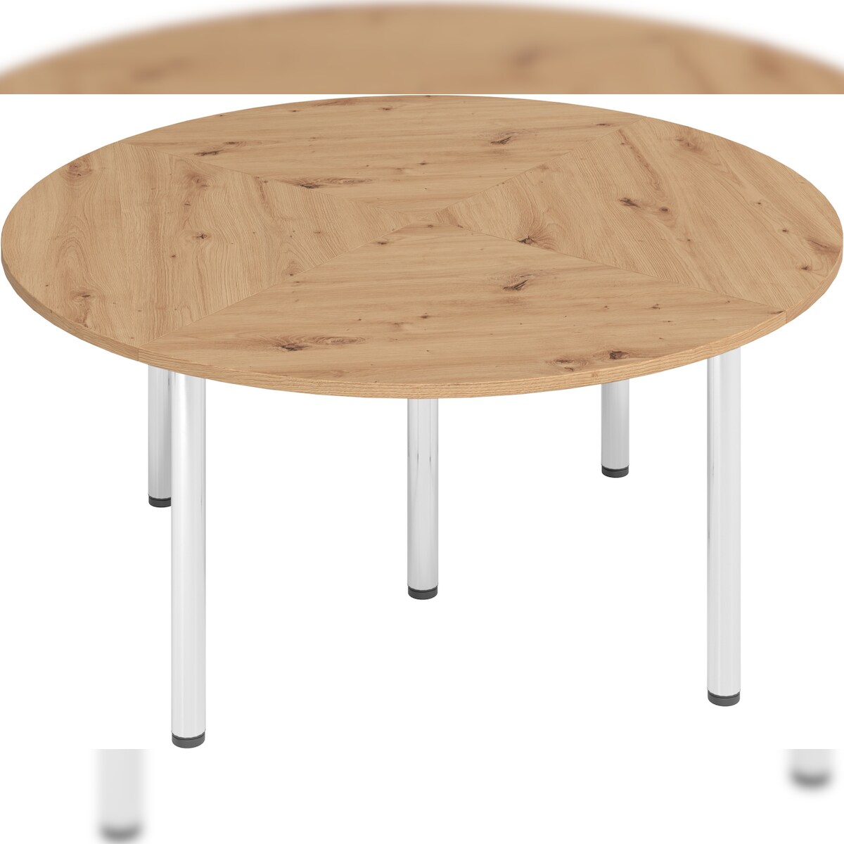 bümö Konferenztisch Kreis-Form 160x160 cm großer Besprechungstisch rund in Asteiche, Besprechungstisch mit Chromfüßen, Meetingtisch für 4 Personen, Image