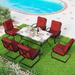 7 Piece Outdoor Patio Dining Set 6 Spring Motion Cushion Chairs 1 Rectangular Table with 1.57 Umbrella Hole Furniture Sets for Lawn Backyard Garden Red