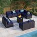 8 Pieces Patio Furniture Set with 45 Plate Embossing Propane Fire Table Outdoor PE Rattan Sectional Sofa Set Patio Gas Fire Pit Conversation Set with Blue Cushions & Glass Table