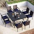 & William Outdoor Patio 7 Pieces Dining Set with 6 PE Rattan Chairs and 1 Rectangle Expandable Metal Table Modern Outdoor Furniture with Seat Cushions for Poolside Porch Patio Bal