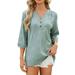 Ydkzymd Compression Shirts for Women 3/4 Sleeve Textured Ribbed Shirts Dress Henley Elbow Tops Button Down 2024 Casual Blouses Dark Green S