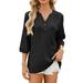 Ydkzymd Compression Shirts for Women 3/4 Sleeve Ribbed Henley Elbow Shirts Summer Textured Blouses Button Down Casual Dress Tops Black XL
