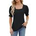 EHTMSAK Compression Shirts for Women Short Sleeve Pleated Square Neck Eyelet Embroidery Tee Tops Puff Sleeve jacquard Dressy Tunics Trendy Summer Casual Blouses Black XL