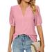 EHTMSAK Womens Compression Shirt Short Sleeve Eyelet Embroidery Pleated jacquard Blouses V Neck Puff Sleeve Dressy Tee Tops Trendy Summer Casual Tunics Pink M