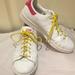 Adidas Shoes | Adidas Stan Smith White W/ Magenta Sneakers Yellow Laces Size 5 1/2 | Color: Pink/White | Size: 5.5