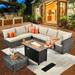 HOOOWOOO 8-piece Patio Furniture Set Wicker Sectional Sofa with Fire Pit Table