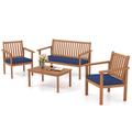 Costway 4 Piece Patio Wood Furniture Set Acacia Wood Sofa Set with Loveseat-Navy