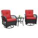 Skypatio 3PCS Outdoor Swivel Rocker Patio Furniture Rattan Rocker Bistro Sets with Table Red