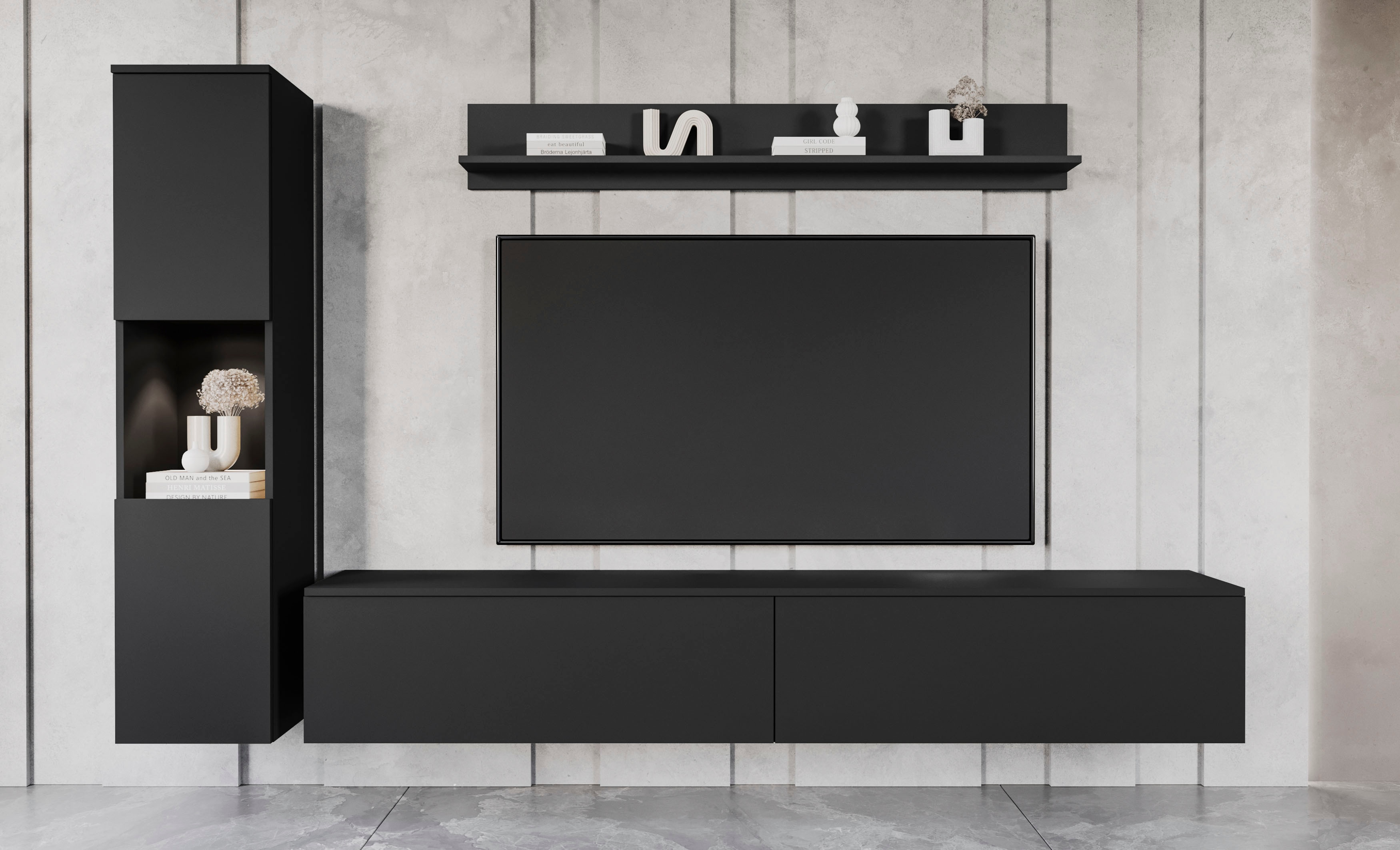 Wohnwand INOSIGN "PARIS, Vitrine Türanschlag links/rechts wechselbar", schwarz (graphite schwarz matt), B:220cm H:130cm T:33cm, Kastenmöbel-Sets, grifflose Design, stehend und hängend montierbar