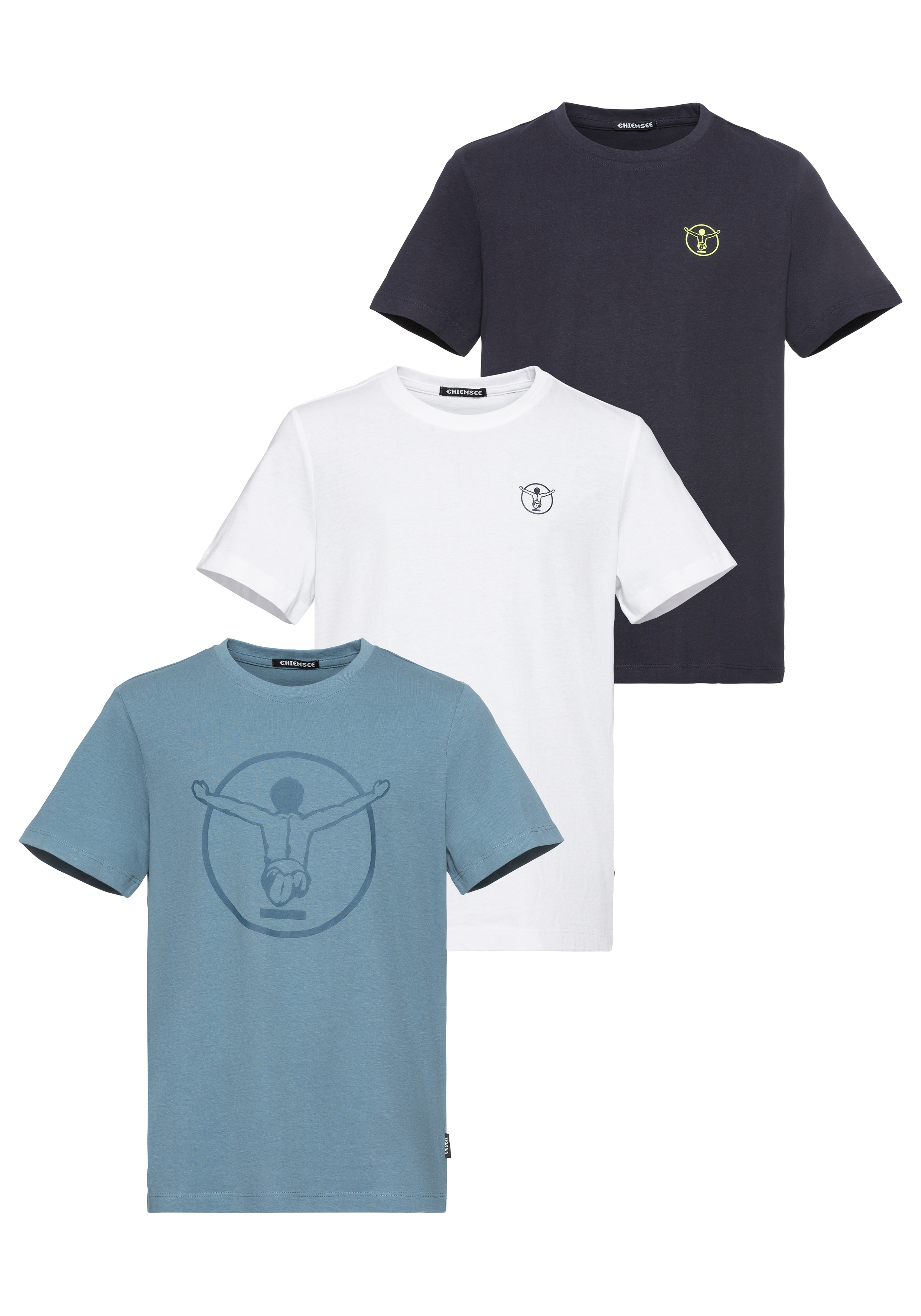 T-Shirt CHIEMSEE "für Kinder im 3er Pack", Kinder, Gr. 122, blau (md blau, wht), Single Jersey, Obermaterial: 100% Baumwolle, Rundhals, Shirts Image