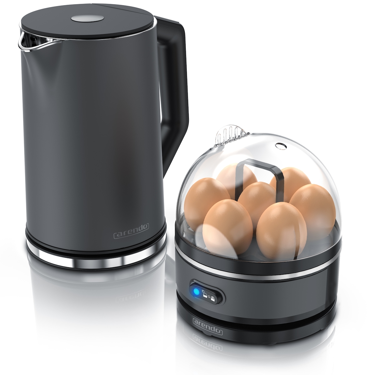 Arendo - Set Wasserkocher ELEGANT mit Eierkocher SEVENCOOK Edelstahl Grau, Wasserkocher 1,5L 40° - 100°C Warmhaltefunktion, Eierkocher 1-7 Eier Image