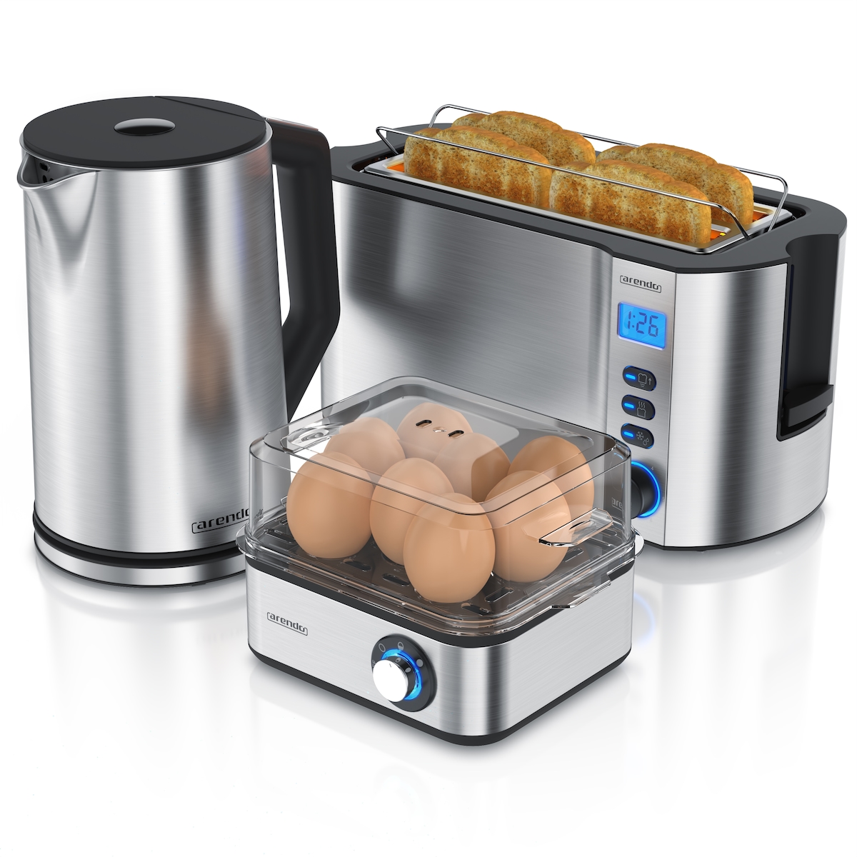 Arendo Frühstücks-Set, 8er Eierkocher EIGHTCOOK, Wasserkocher 1,5l, 4-Scheiben Toaster Langschlitz, Silber Image
