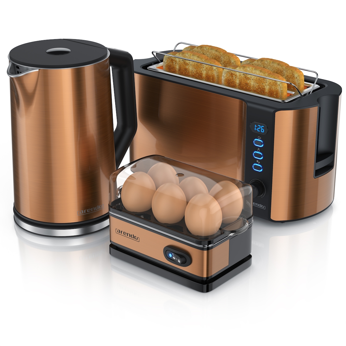 Arendo Frühstücks-Set, 4-Scheiben Langschlitztoaster, Wasserkocher 2200W, 6er Eierkocher, Kupfer Image