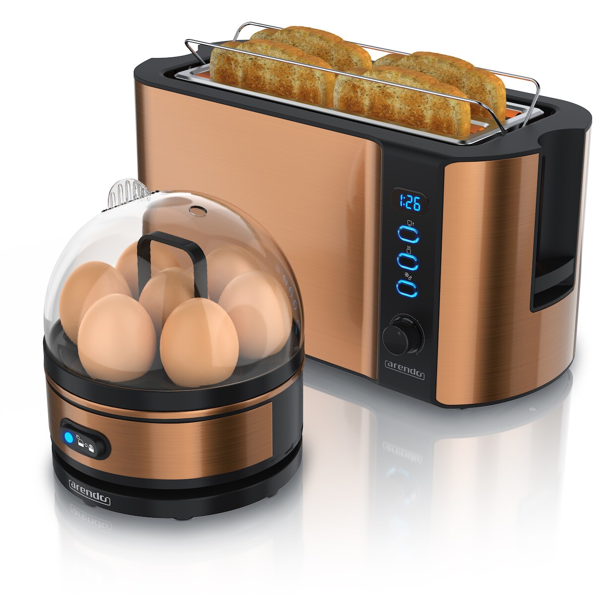 Arendo - SET Toaster FRUKOST mit Eierkocher SEVENCOOK Edelstahl Kupfer, Toaster 4 Scheiben, LED-Display, 6 Bräunungsgrade, Brötchenhalter - Eierkocher Image