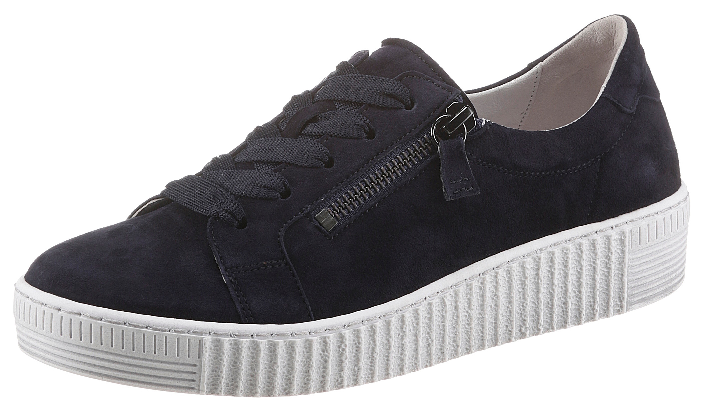Plateausneaker GABOR, Damen, Gr. 43, blau (dunkelblau), Ziegenveloursleder, unifarben, Schuhe Plateausneaker, mit zwei Reißverschlüssen, Freizeitschuh, Halbschuh, Schnürschuh