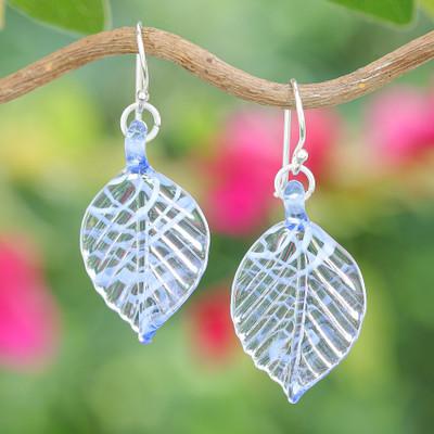 Heavenly Foliage,'Handblown Striped Blue and Clear Glass Leaf Dangle Earrings'