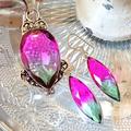 Anthropologie Jewelry | Bi Tourmaline Pendant & Earrings Set | Color: Green/Pink | Size: Os