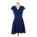 Bar III Casual Dress - A-Line V Neck Short sleeves: Blue Print Dresses - Women's Size Small