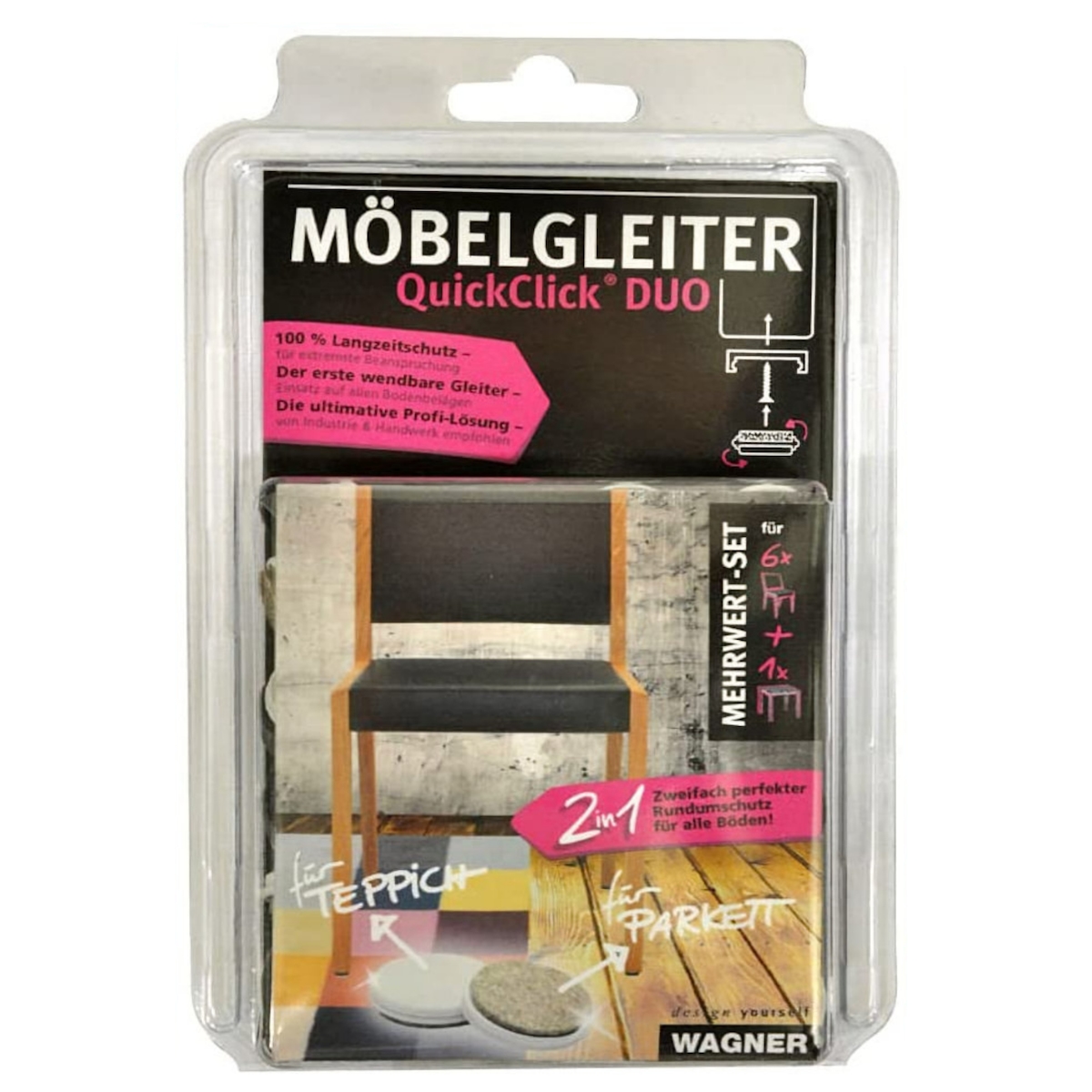 WAGNER QuickClick® Gleiter DINING SET DUO - 1 Tisch, 6 Stühle, Basis & wendbare Einsätze Ø 20 & 25 mm, DE Ware- 15790001 Image