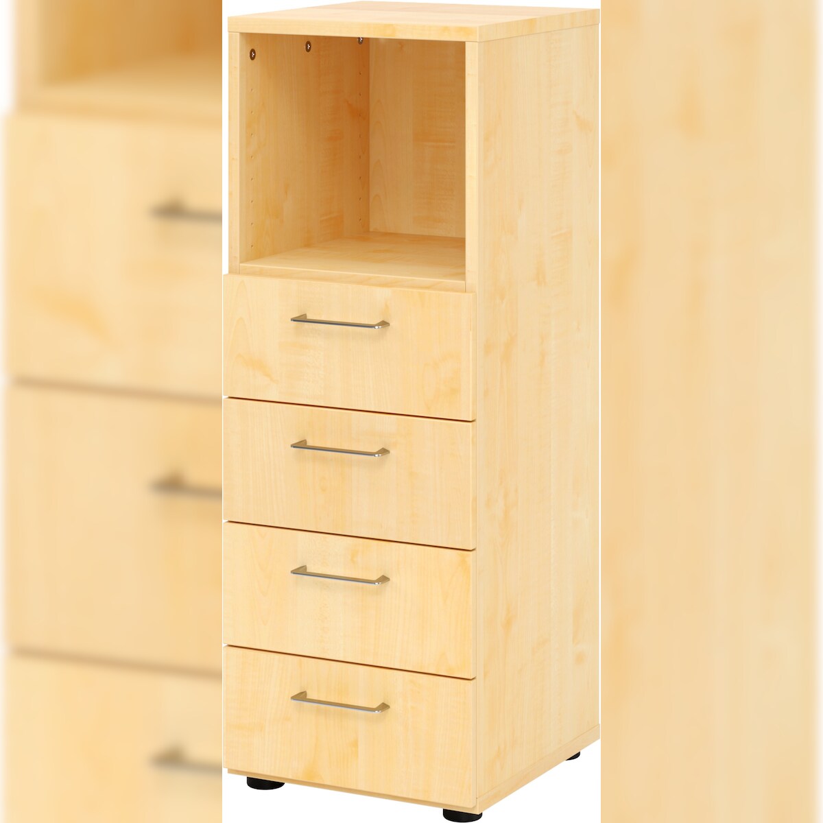 bümö smart Schubladenschrank, Büroschrank in Ahorn mit 4 Schüben & 1 Regalfach - Bürocontainer aus Holz, Container mit Metallgriffen & Soft-Stop Image