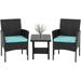 3 Piece Outdoor Furniture Set Chair Furniture Bistro Conversation Set2 Wicker Chairs with Blue Upholstery and Glass Coffee Table