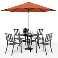 VILLA 5 Piece Outdoor Dining Set with 10ft Umbrella 37 Square Metal Dining Table & 4 Stacking Metal Chair with 3 Tier Beige Umbrella for Patio Deck Yard Porch
