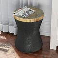 TJUNBOLIFE Decorative Drum Concrete End Table with Faux Wooden Desktop Accent Stool Plant Stool for Patio Garden