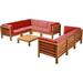 Deal Furniture Annabelle Outdoor Sectional Sofa Set with Coffee Table - 9-Piece 8-Seater - Acacia Wood - Outdoor Cushions - Teak and Red