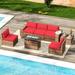Aoxun 7 Piece Patio Furniture Set with 44 Fire Pit Table Outdoor Sectional Sofa PE Rattan Patio Conversation Set with Red Cushion and Coffee Table. ( with Waterproof Cover)