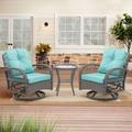 Syngar 3 Piece Patio Swivel Bistro Set Outdoor All Weather Wicker Swivel Chair Furniture Set Conversation Chairs Set with Blue Cushion and Coffee Table for Backyard Poolside Garden