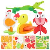 Puzzle Kids Toys Brain Teaser Puzzles for 4 Sets Three-dimensional Childrens Wooden Playset Animals Matching Preschool
