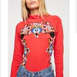 Free People Tops | Free People Disco Rose Embroidered Long Sleeve Mock Neck Top Red Size M | Color: Red | Size: M
