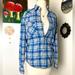 American Eagle Outfitters Tops | American Eagle Western Style Plaid Blue White Green Pearl Look Snap Up Top Xs | Color: Blue/White | Size: Xs