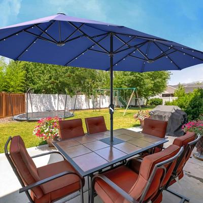 13FT Double-Sided Patio Umbrellas With LED Lights, Outdoor Extra Large Umbrella with Crank, Market Umbrella with Solar lights
