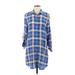 Equipment Casual Dress - Shirtdress Collared 3/4 sleeves: Blue Plaid Dresses - Women's Size Medium