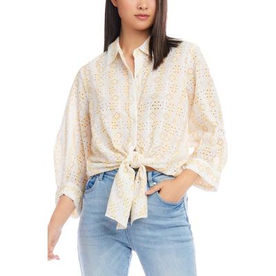 Embroidered Eyelet Tie Front Shirt - White - Karen...